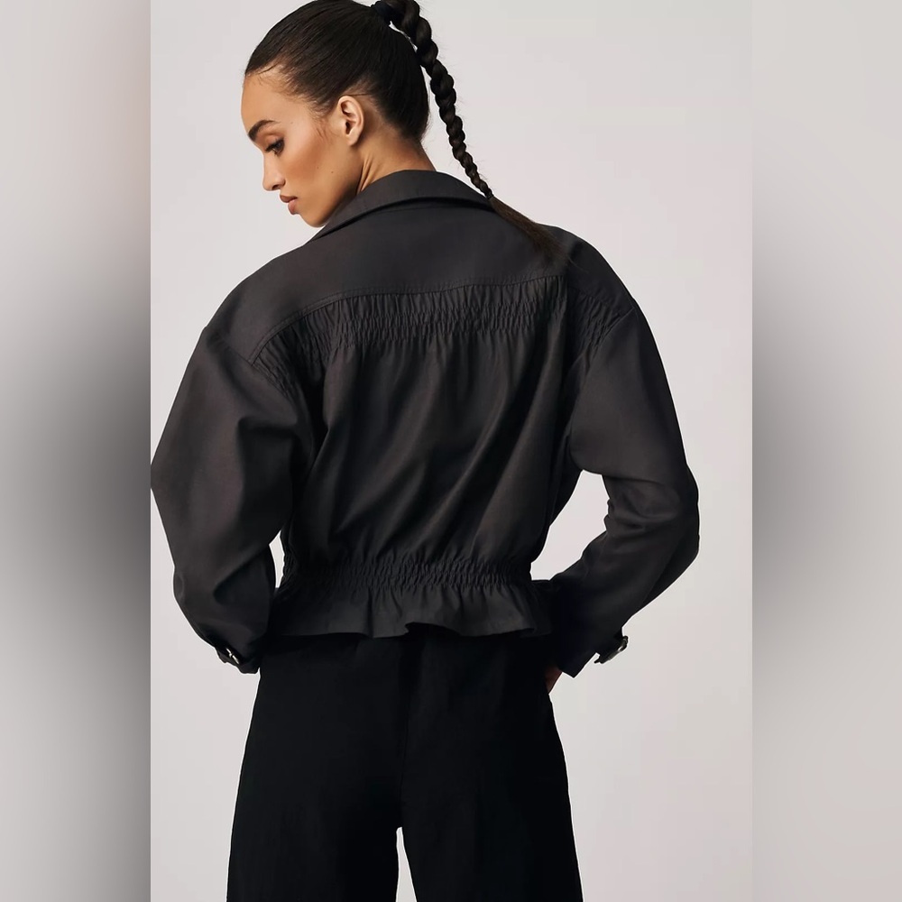 By Anthropologie Cropped Ruched-Sleeve Washed Black Cotton Moto Jacket EUC Sz XL - Picture 2 of 12
